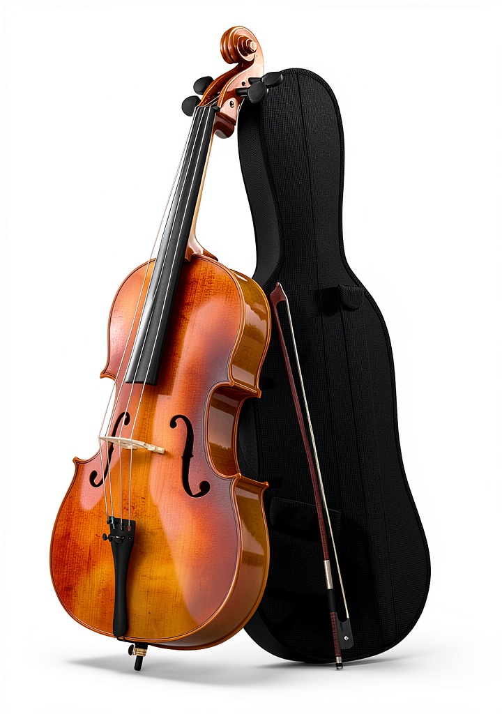 Harmony acoustic cello displayed with bow and case